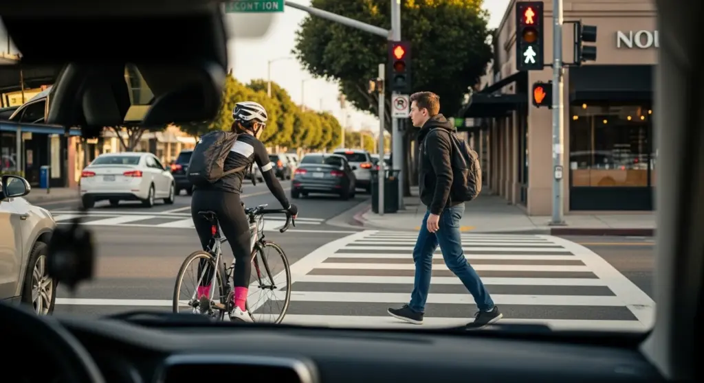 Driver blind zone risk for pedestrians and cyclists at an intersection
