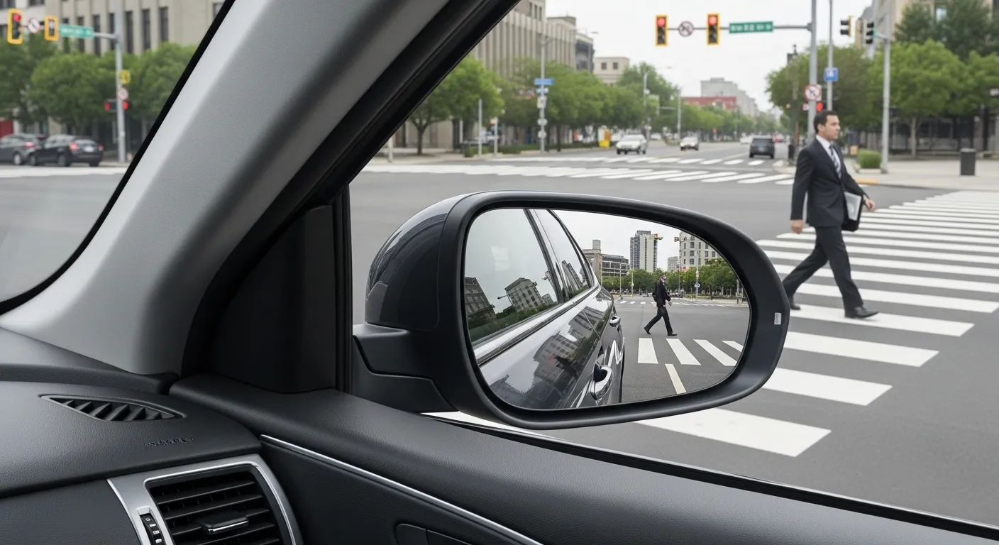 Driver view showing how a vehicle blind zone can hide a pedestrian at an intersection