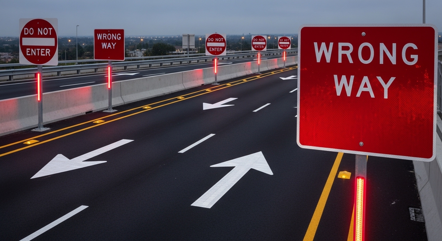 Highway ramp signs and pavement markings for wrong-way driving prevention