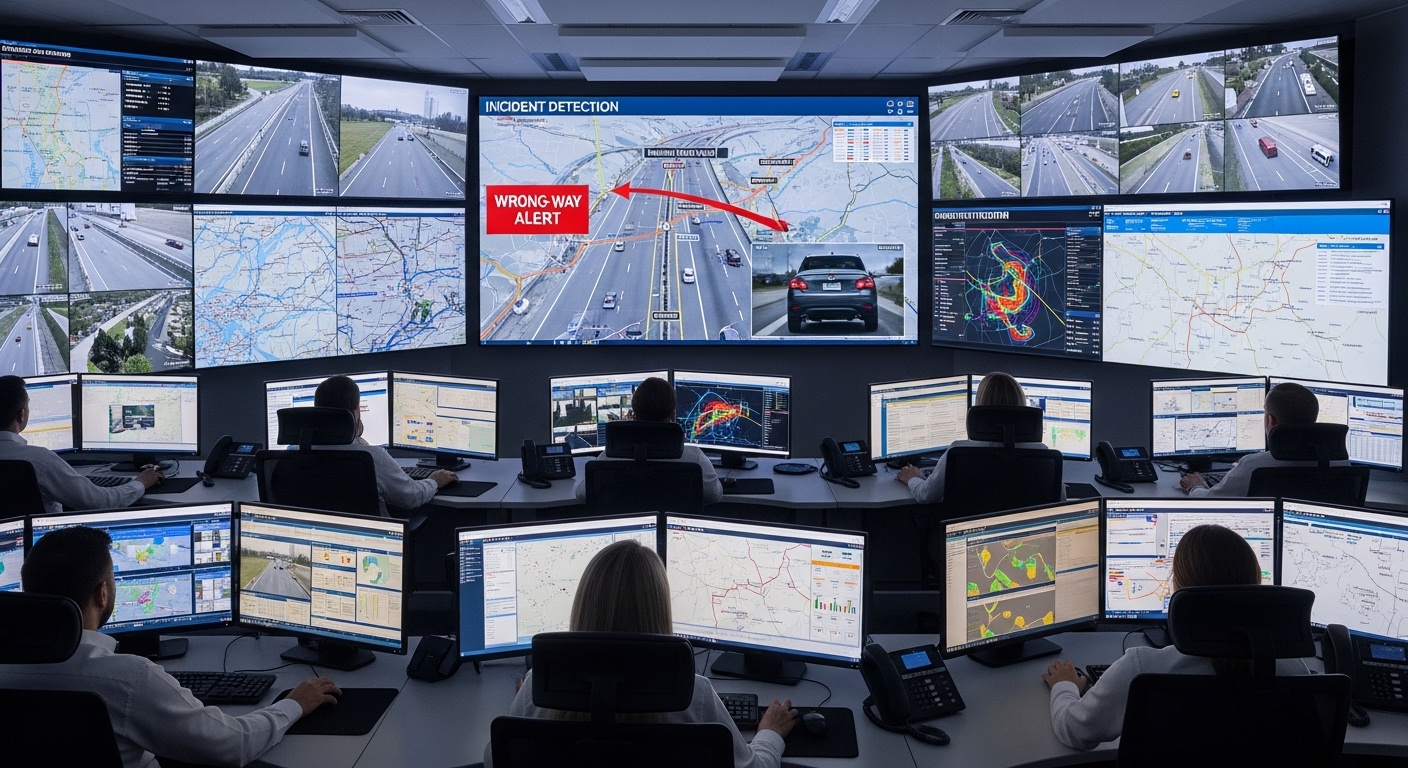 Traffic management center monitoring wrong-way driving detection alerts