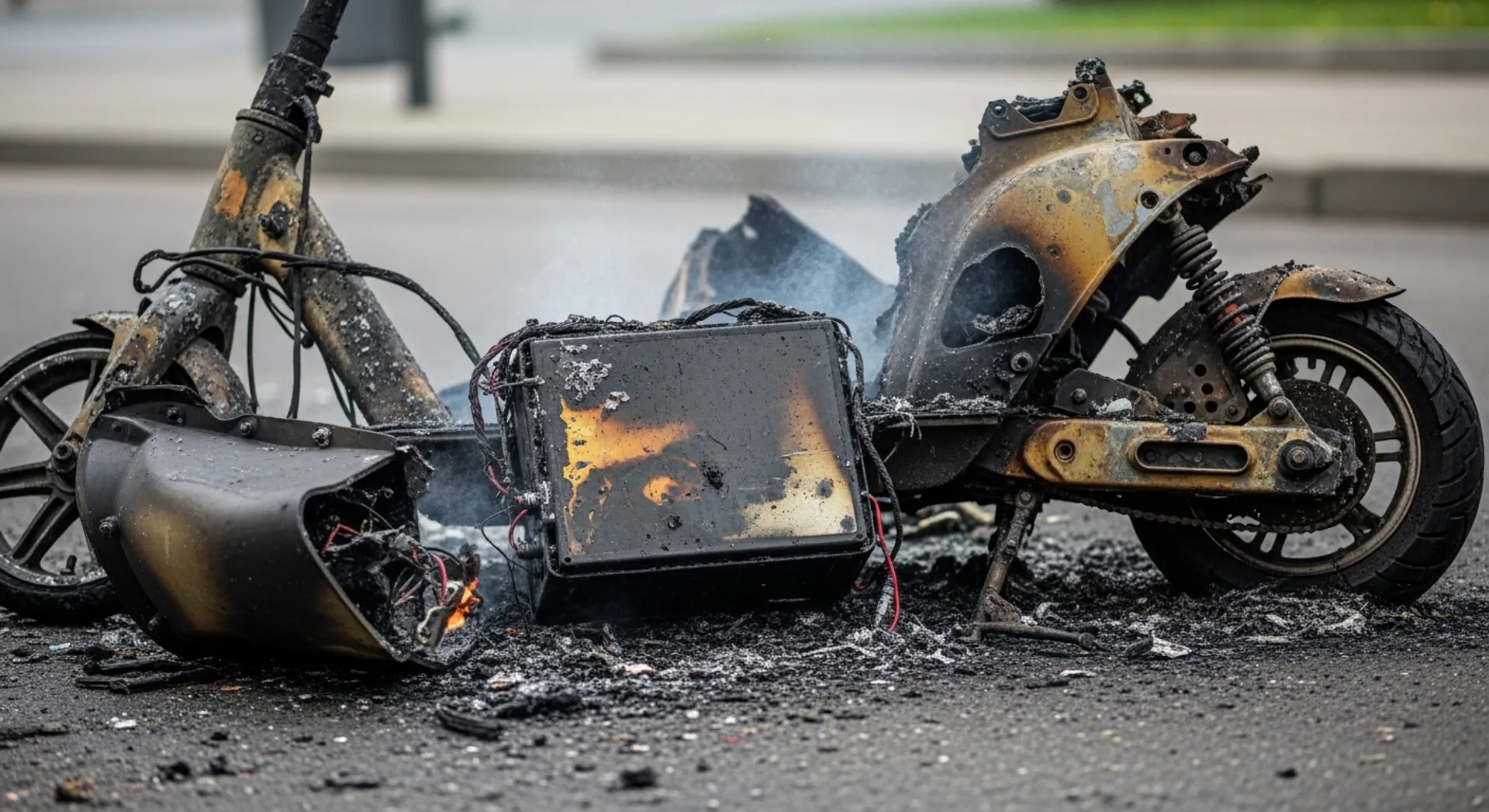 aftermath of a lithium-ion battery fire involving a small electric vehicle