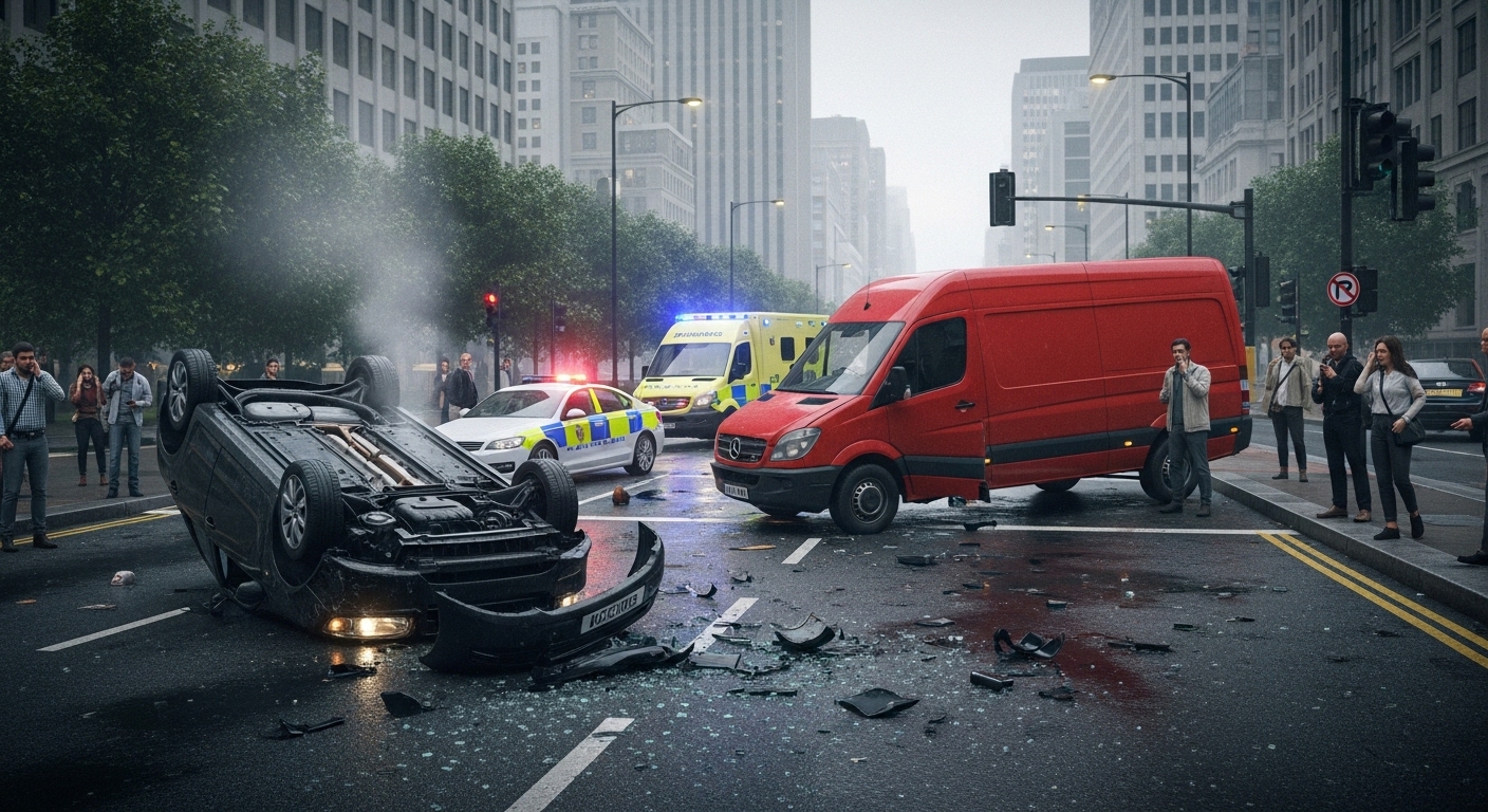 cyclist and pedestrian sharing a busy city street with motor traffic
