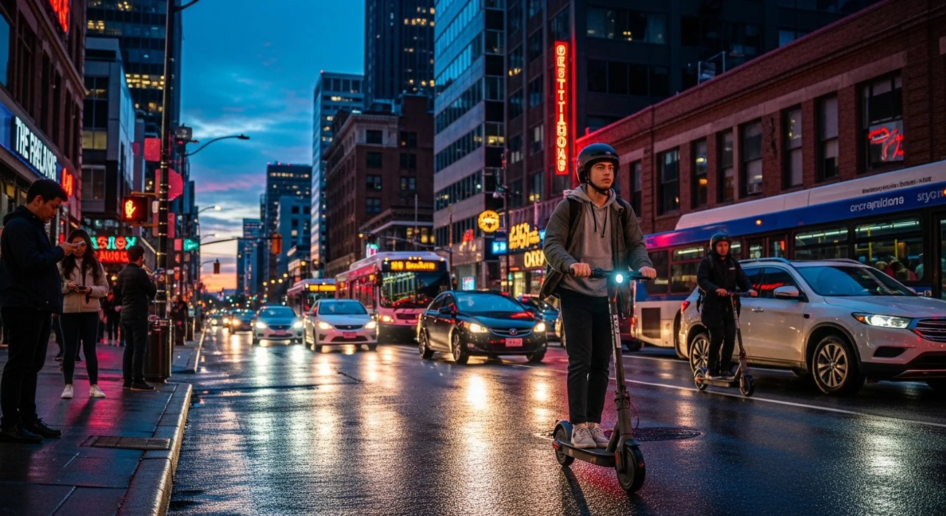 electric scooter rider navigating busy urban traffic