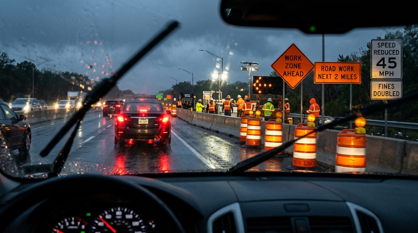 Driver slowing near work zone barrels and brake lights to prevent rear-end crashes