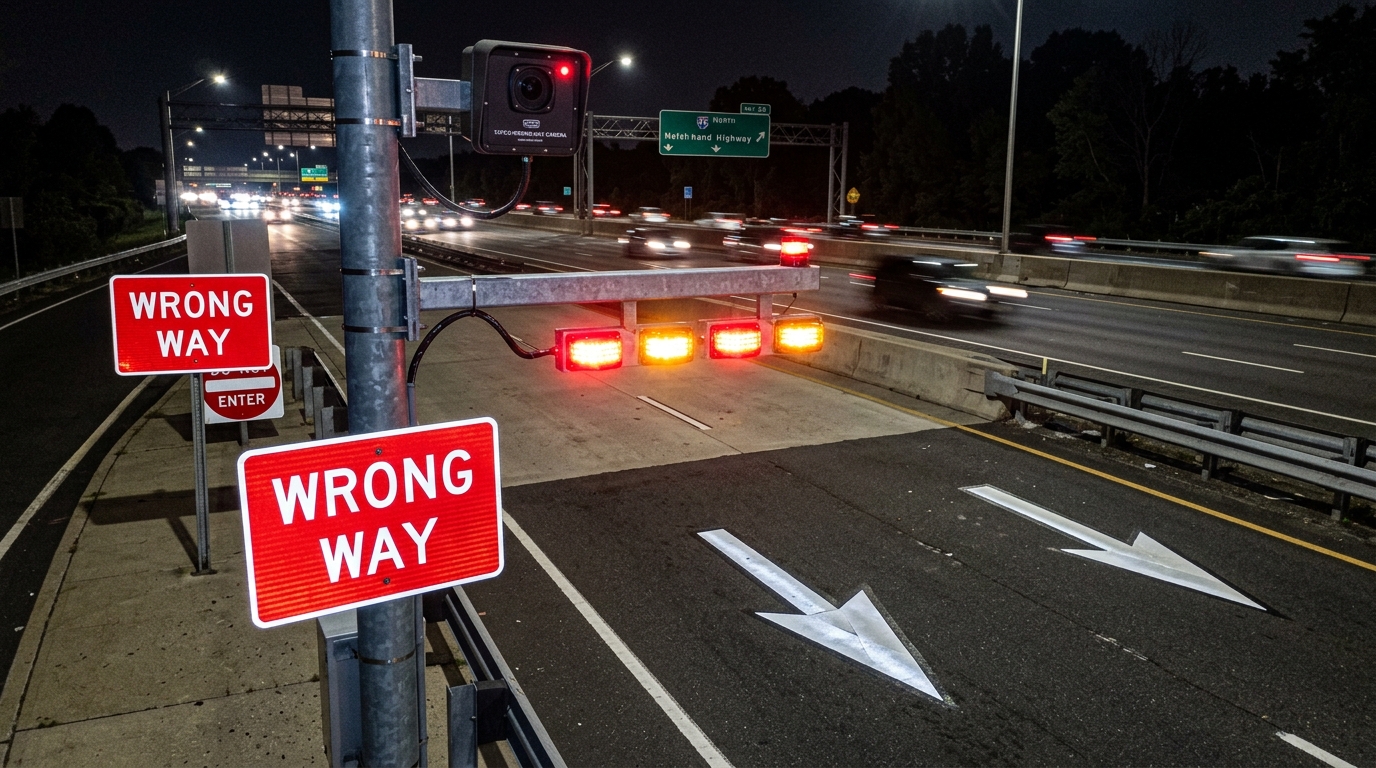 Highway ramp with wrong-way signs, cameras, and alert lights