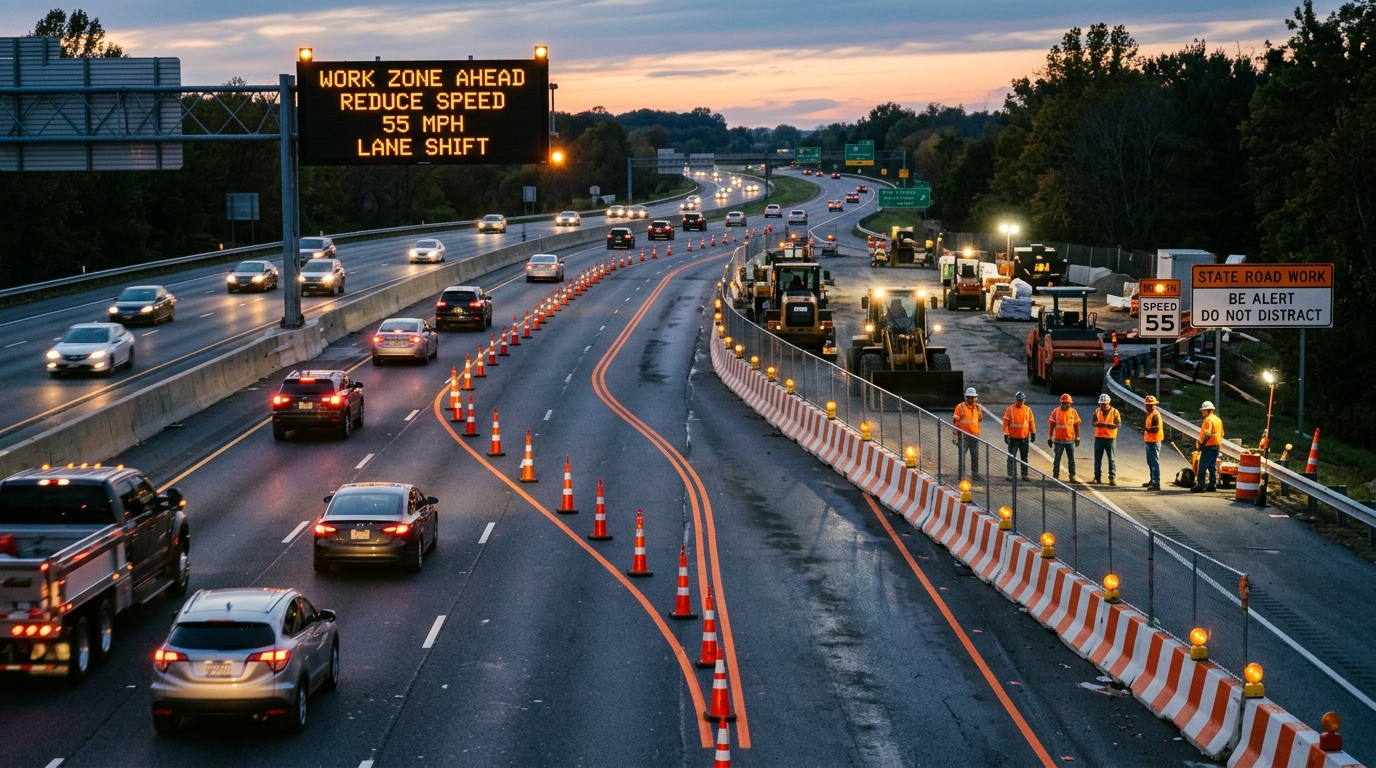 Highway work zone lane shift with speed signs and construction safety barriers