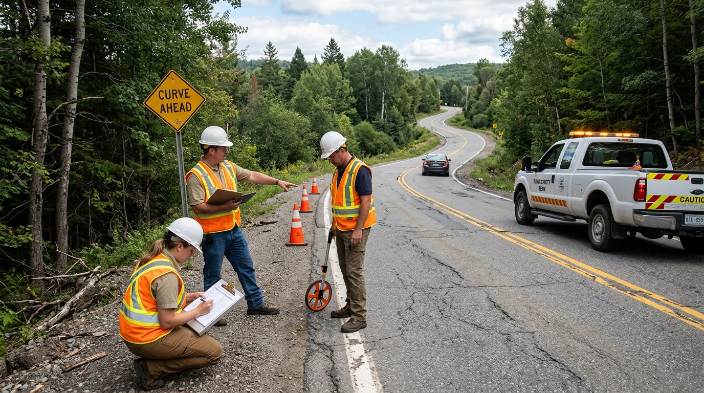 Road safety team inspecting rural roadway departure risks on a local road