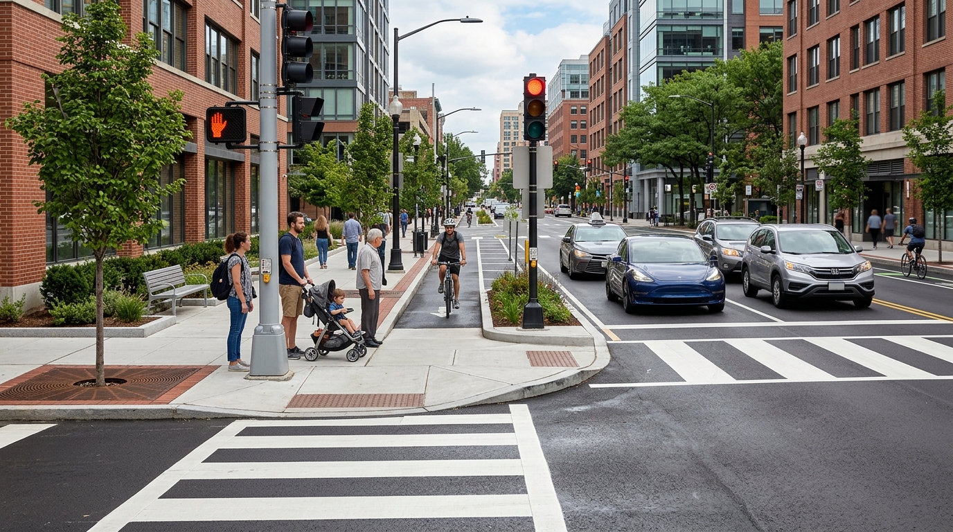 Safer intersection design supporting pedestrian AEB systems