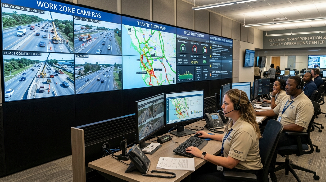 Traffic control center monitoring work zone speed camera alerts and road safety data
