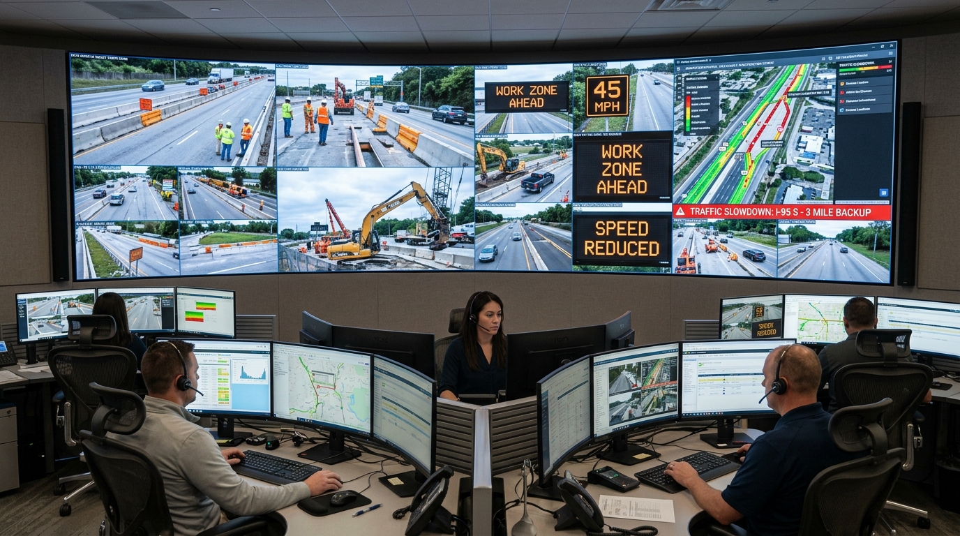 Traffic operations center monitoring smart work zone safety alerts