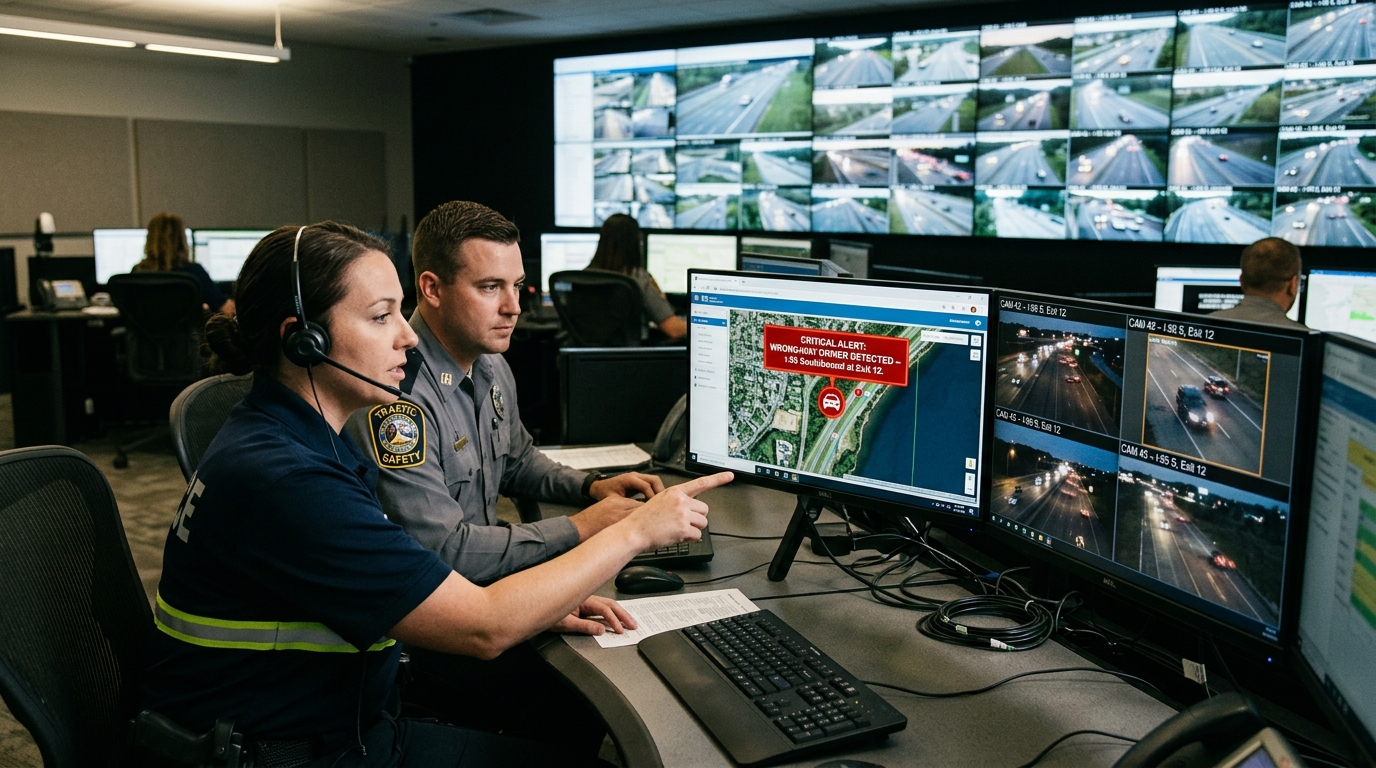 Traffic operations center monitoring wrong-way driving detection alerts