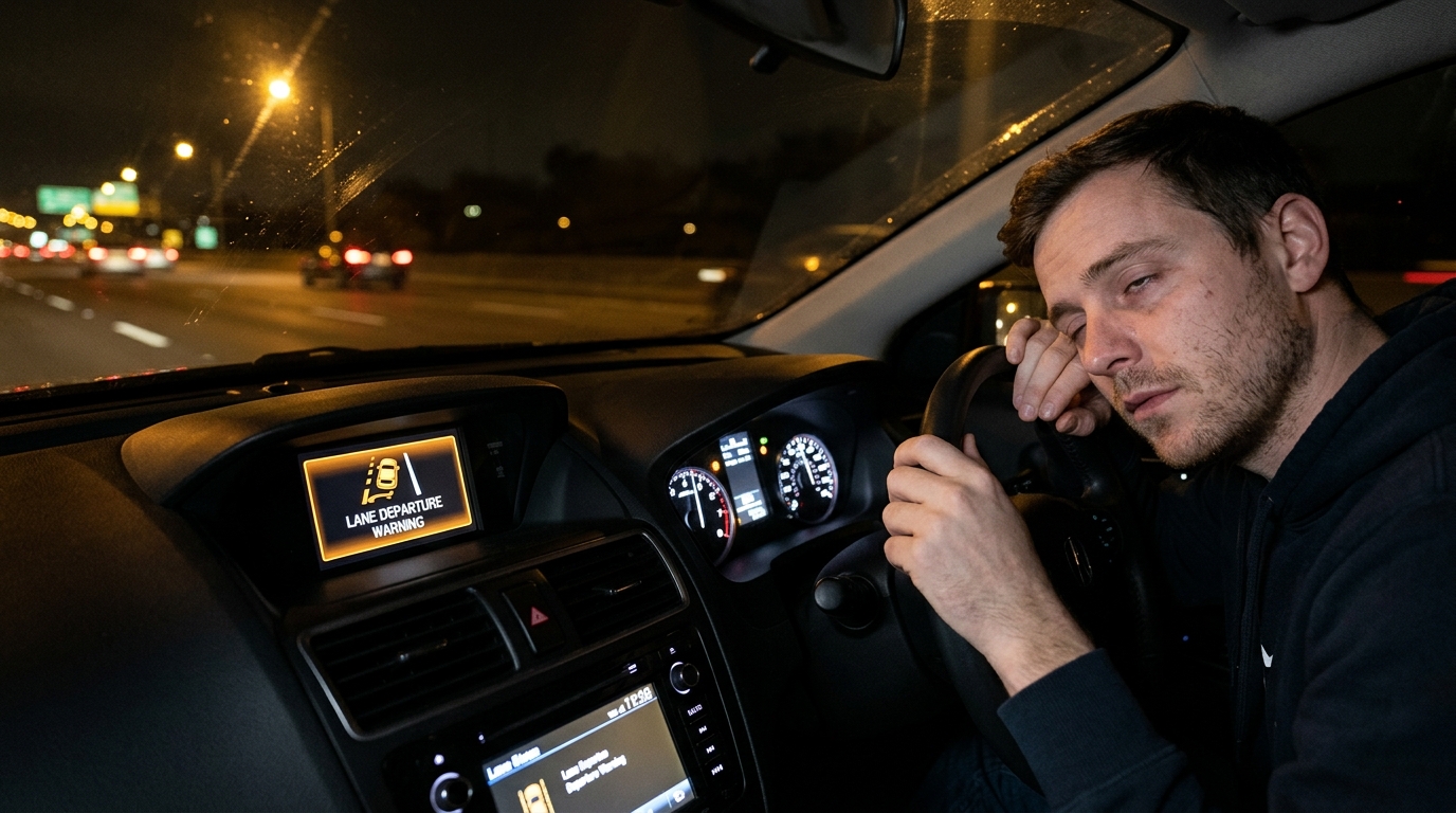 Car dashboard at night showing lane departure warning while a tired driver shows signs of fatigue