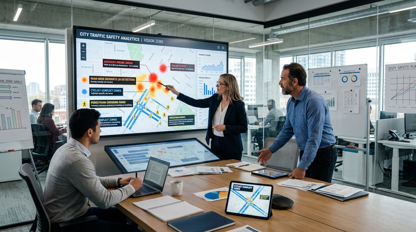 Road safety planners reviewing AI near-miss data, crash risk maps, and vulnerable road user conflict zones