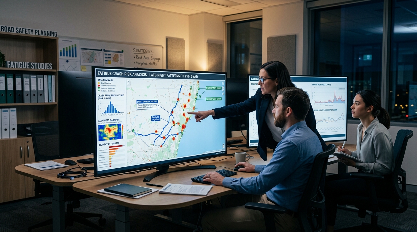 Road safety team reviewing drowsy driving accident patterns, fatigue risk data, and prevention strategies