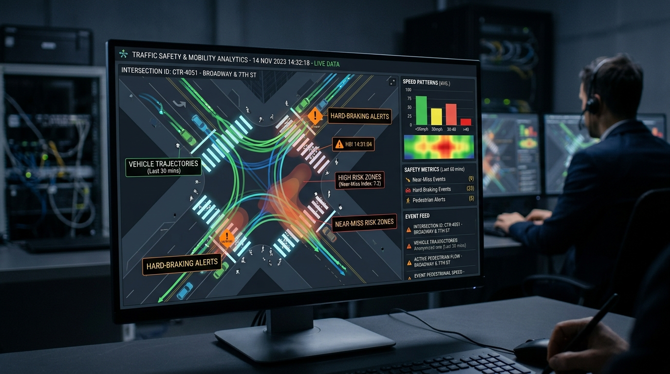 Traffic safety screen showing AI near-miss detection, hard-braking alerts, and intersection risk patterns