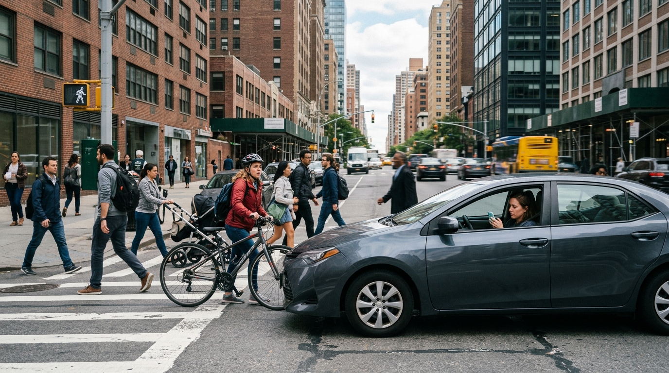Distracted driving risk near pedestrians and cyclists at a city crosswalk
