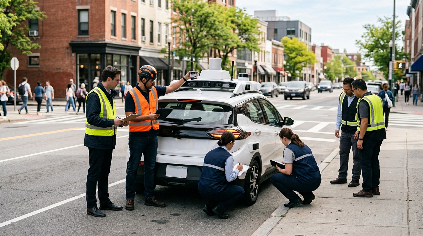 Road safety staff inspecting an automated vehicle after a reported incident