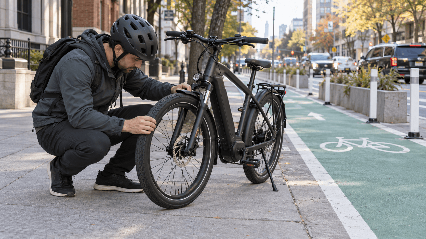 E-bike rider checking wheels and brakes before a city ride