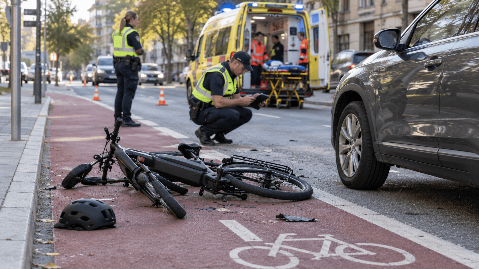 Emergency responders near a fallen e-bike after a city crash