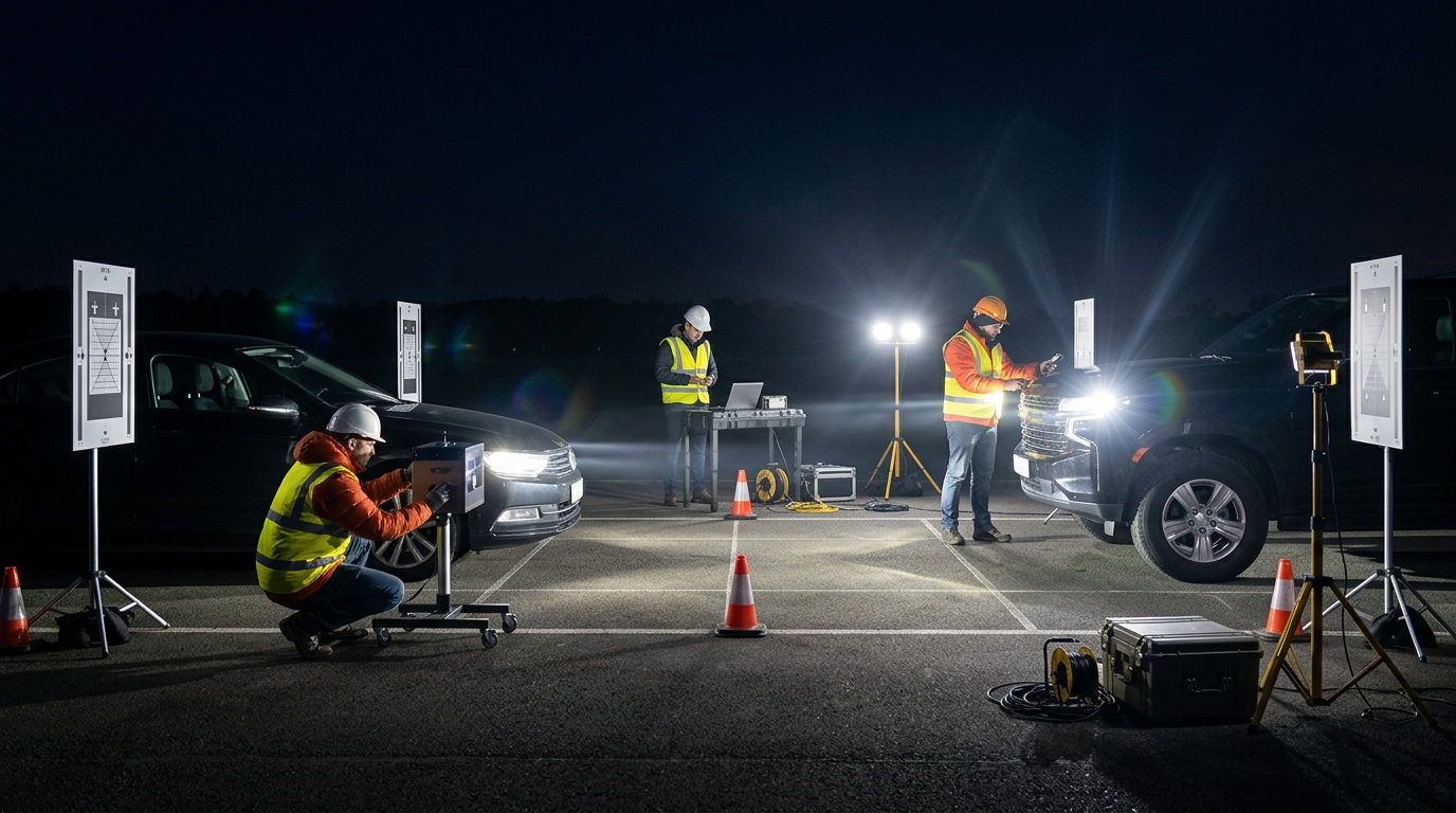 Engineers testing vehicle headlamp height aim and glare between cars of different heights