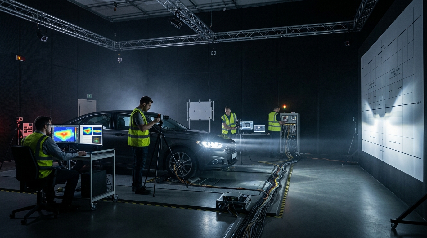 Modern LED vehicle headlights undergoing glare and performance testing in a safety laboratory